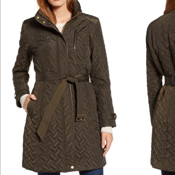 Cole Haan Brown Quilted Belted Coat Med Long Jacket Hooded - Picture 1 of 4